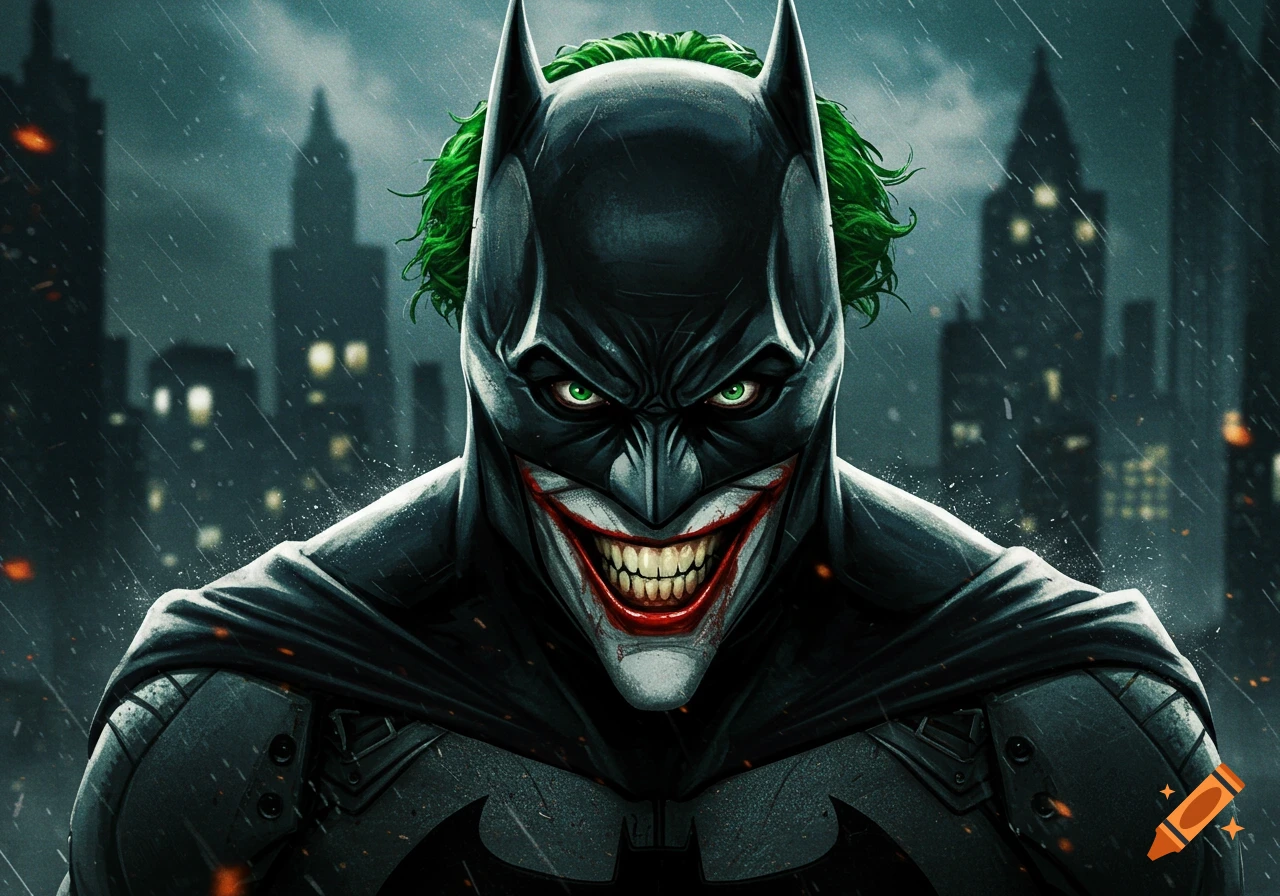 Close-up illustration of Batman with Joker's green hair, grin, and facial features in the rain with city background