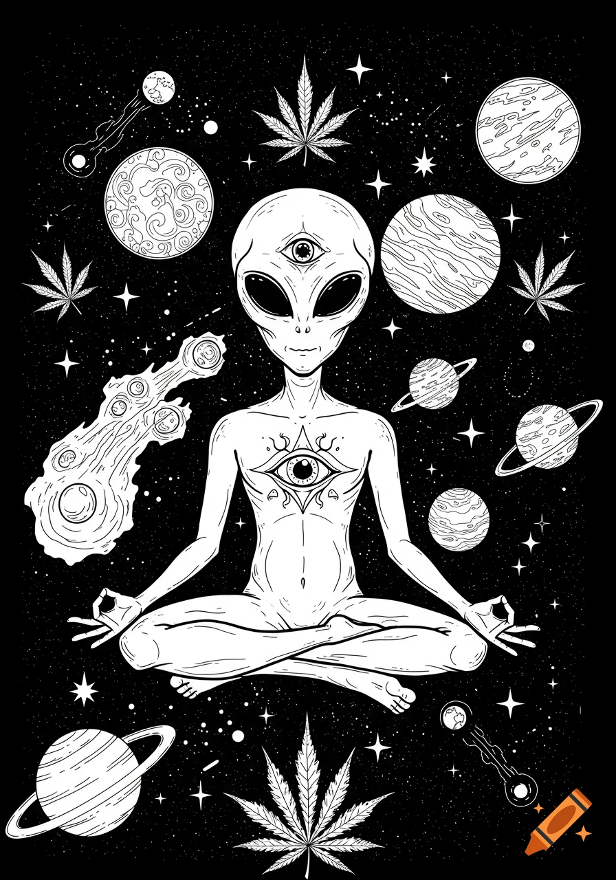 Black and white line drawing of a meditating alien in space surrounded by planets and marijuana leaves.