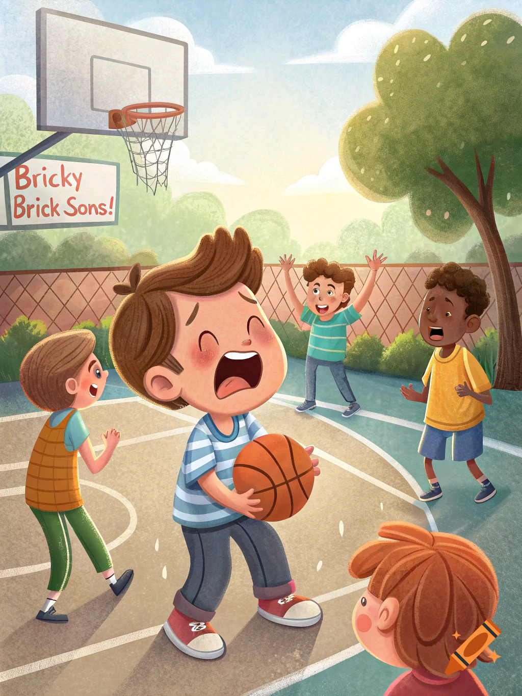 Illustration of kids playing basketball, one boy is crying.