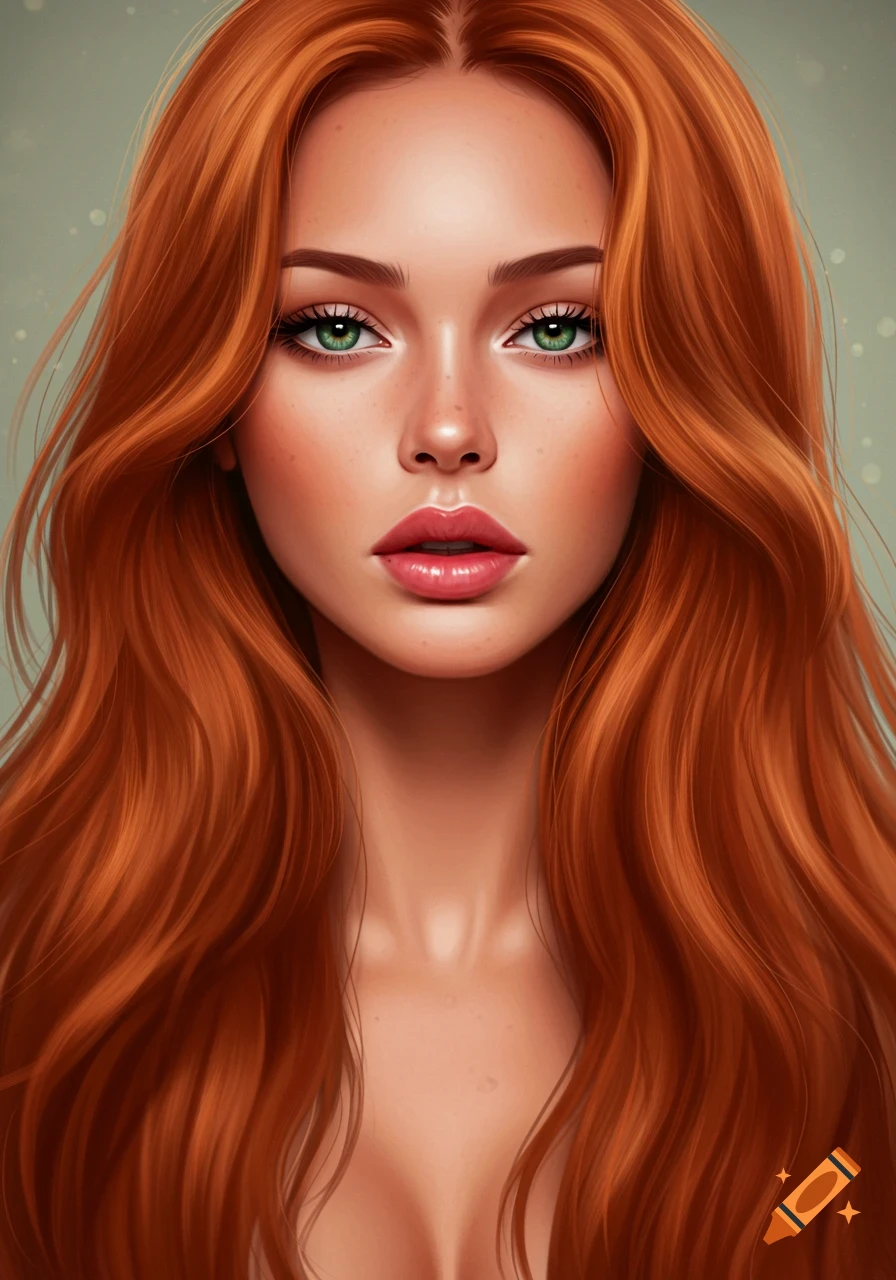 A detailed digital painting of a woman with long wavy red hair and ...