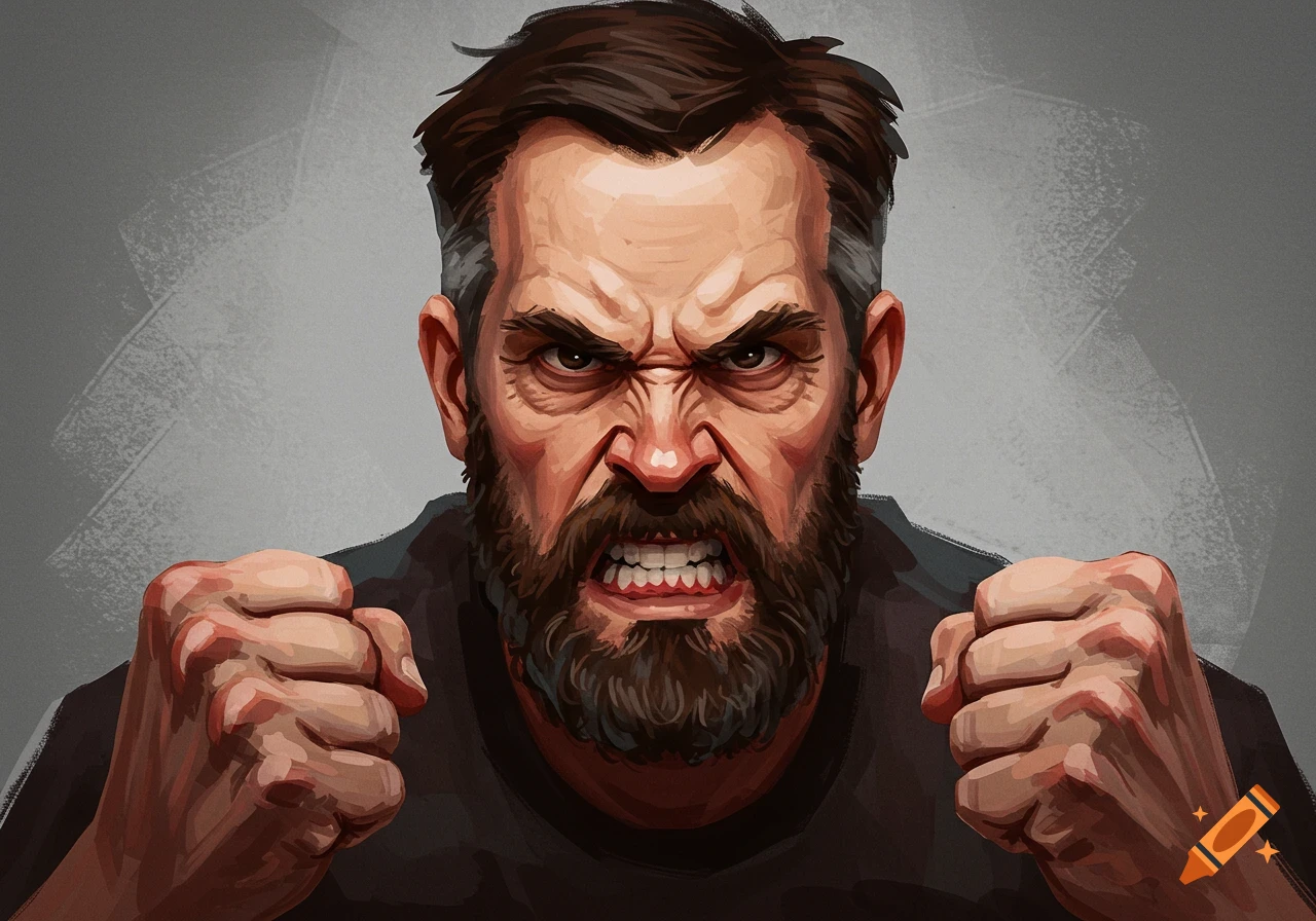 Close-up digital painting of an angry man with a beard and clenched fists.