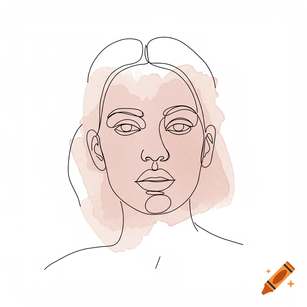 Minimalist line drawing of a woman's face with a pink watercolor background.