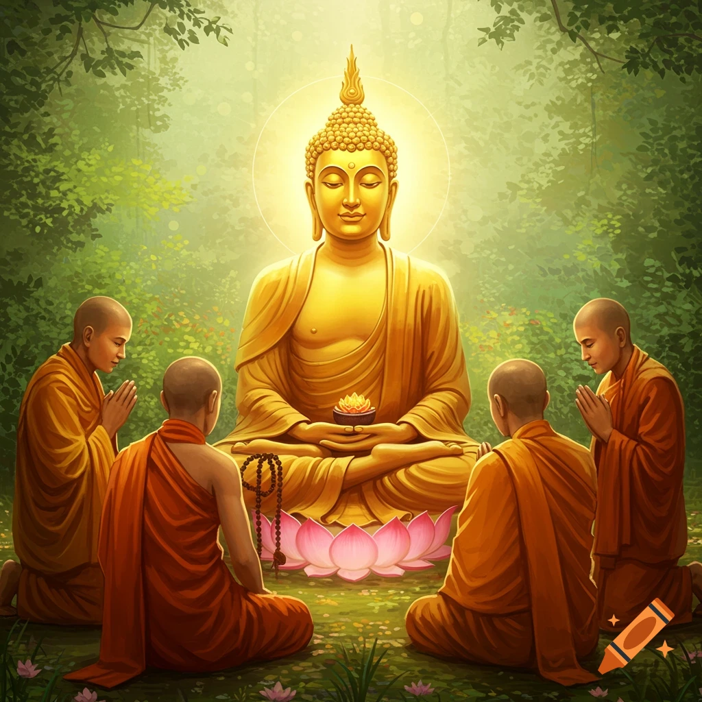 Golden Buddha statue in a forest surrounded by praying monks.