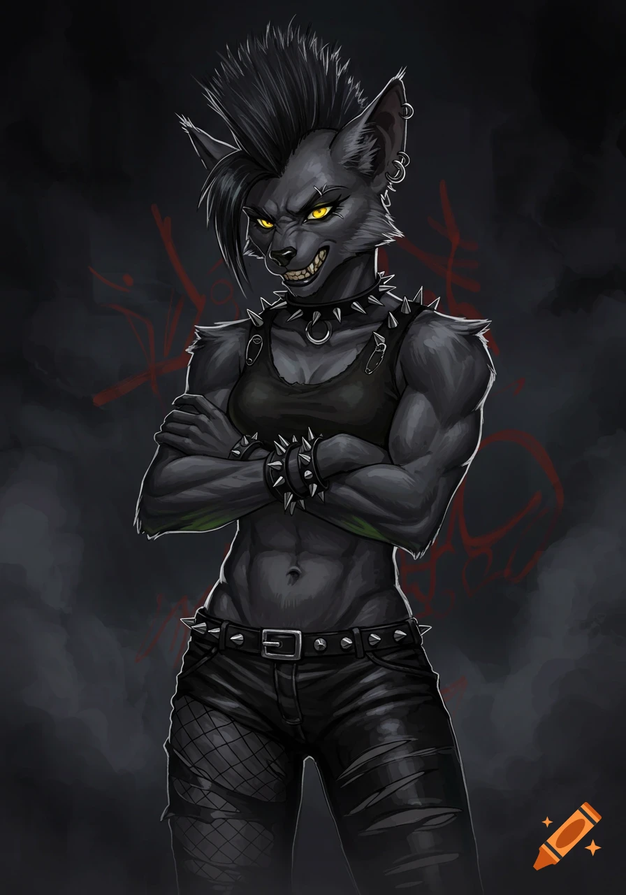 Illustration of a dark grey furry character with a mohawk and punk clothing, arms crossed.