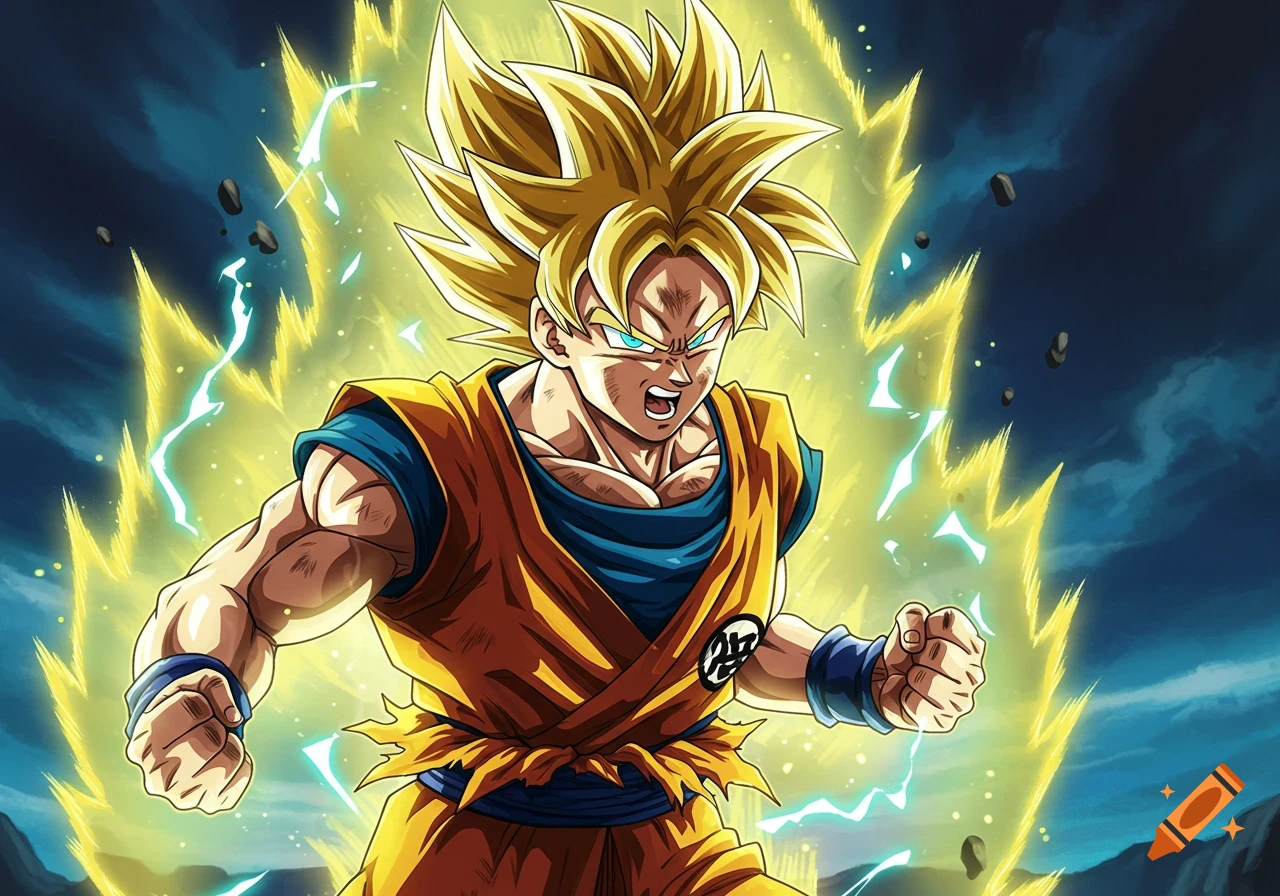 Goku in Super Saiyan form powering up, surrounded by yellow energy.