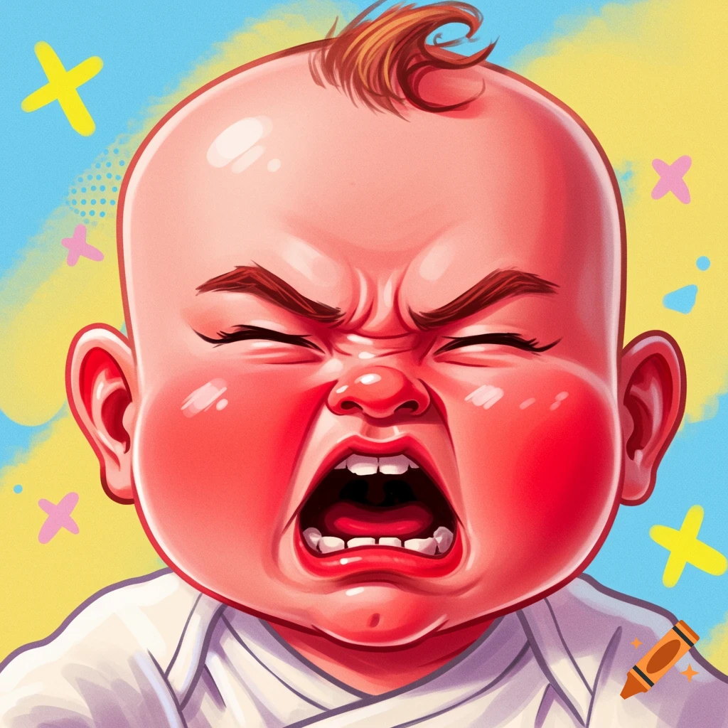 Stylized illustration of an angry crying baby.