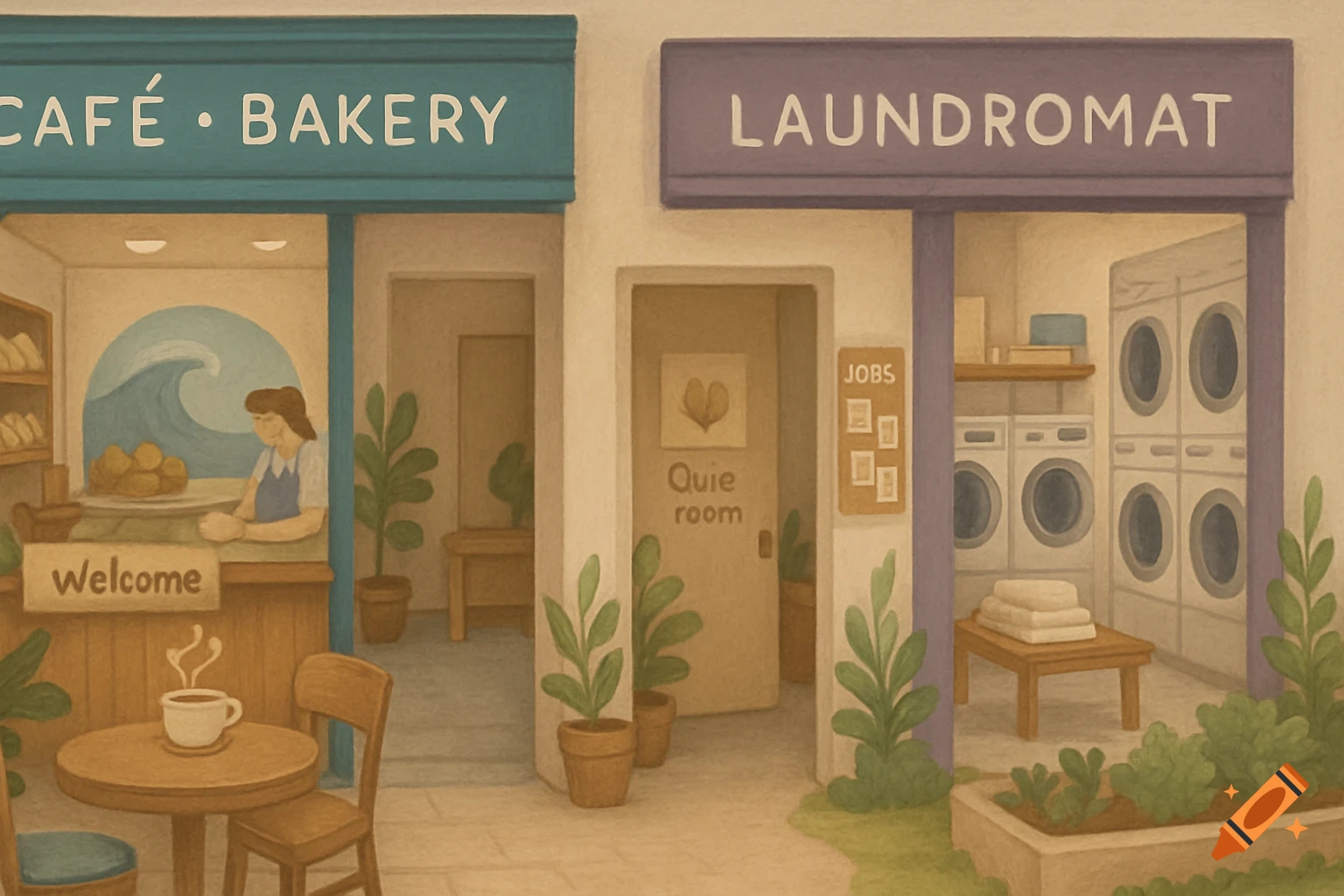 An illustration of a warm cafe and laundromat shopfront.