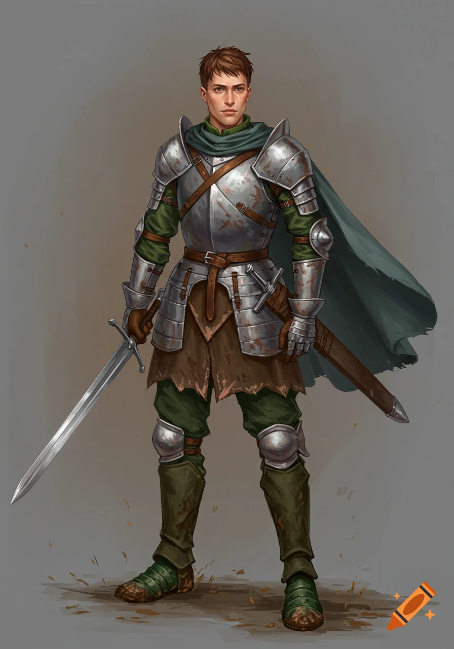 A young male knight in dented metal armor and green cloth stands holding a longsword, digital painting style.