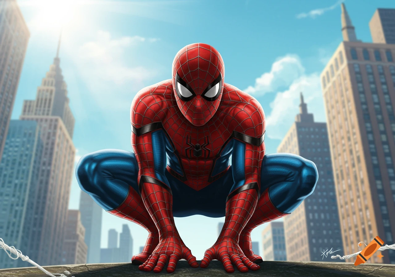 Spider-Man squats on a ledge overlooking a city in a comic book style illustration.