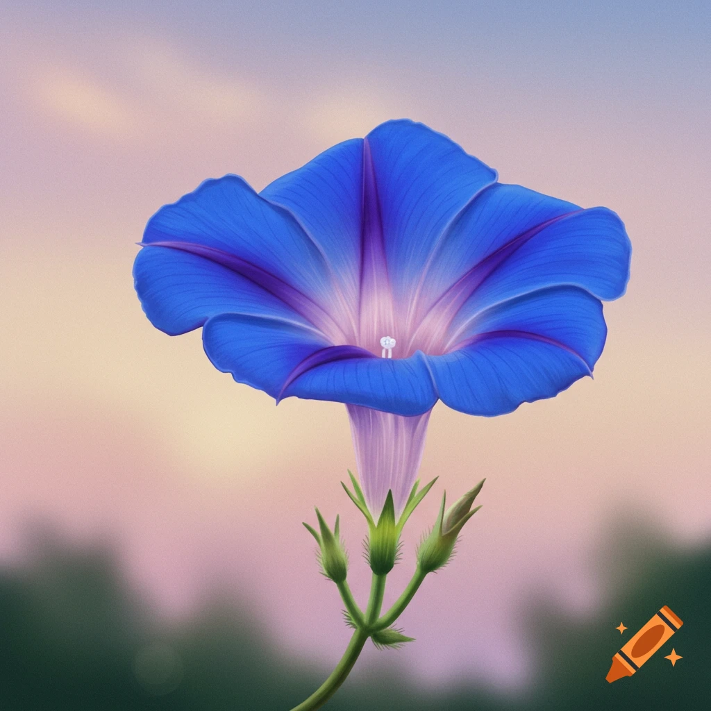 A vibrant blue morning glory flower with purple veins against a soft, blurred sky.