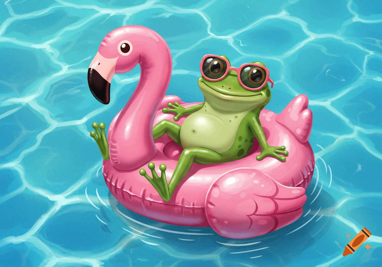 A cartoon frog wearing sunglasses floats on a pink flamingo in a swimming pool.
