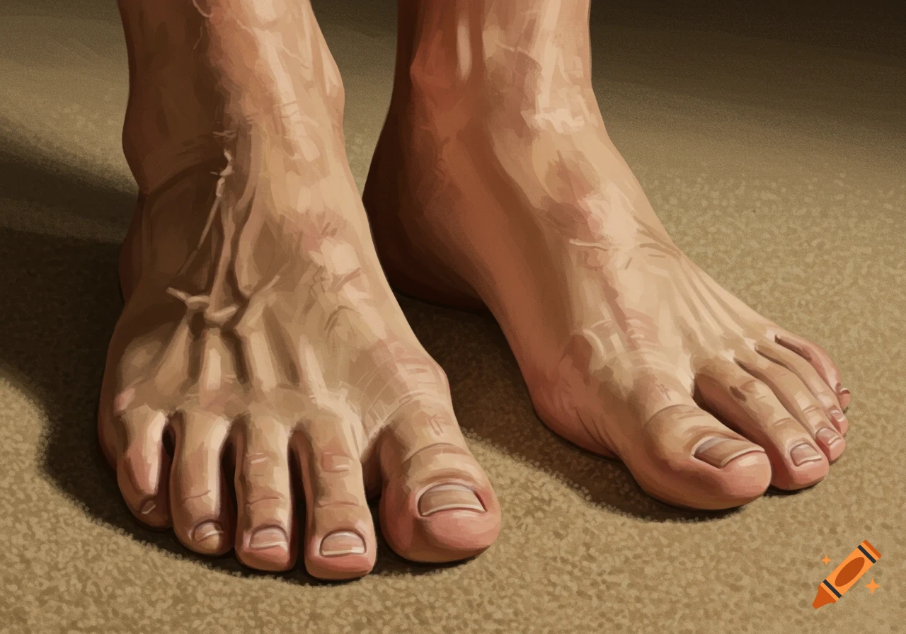 Close-up digital painting of a pair of human feet on a textured surface.