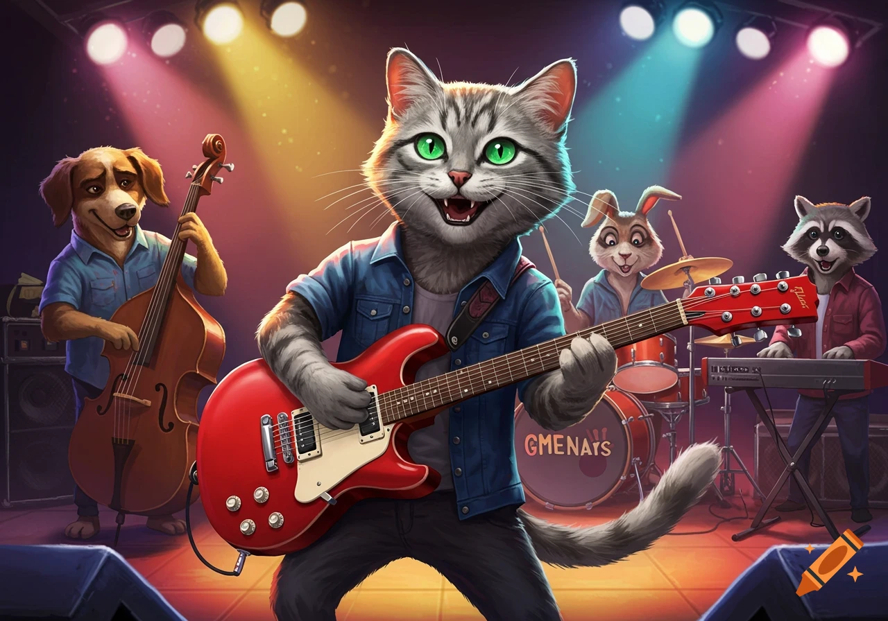 Cartoon animals playing music on a stage: a cat plays guitar, a dog plays bass, a rabbit plays drums, and a raccoon plays keyboard.