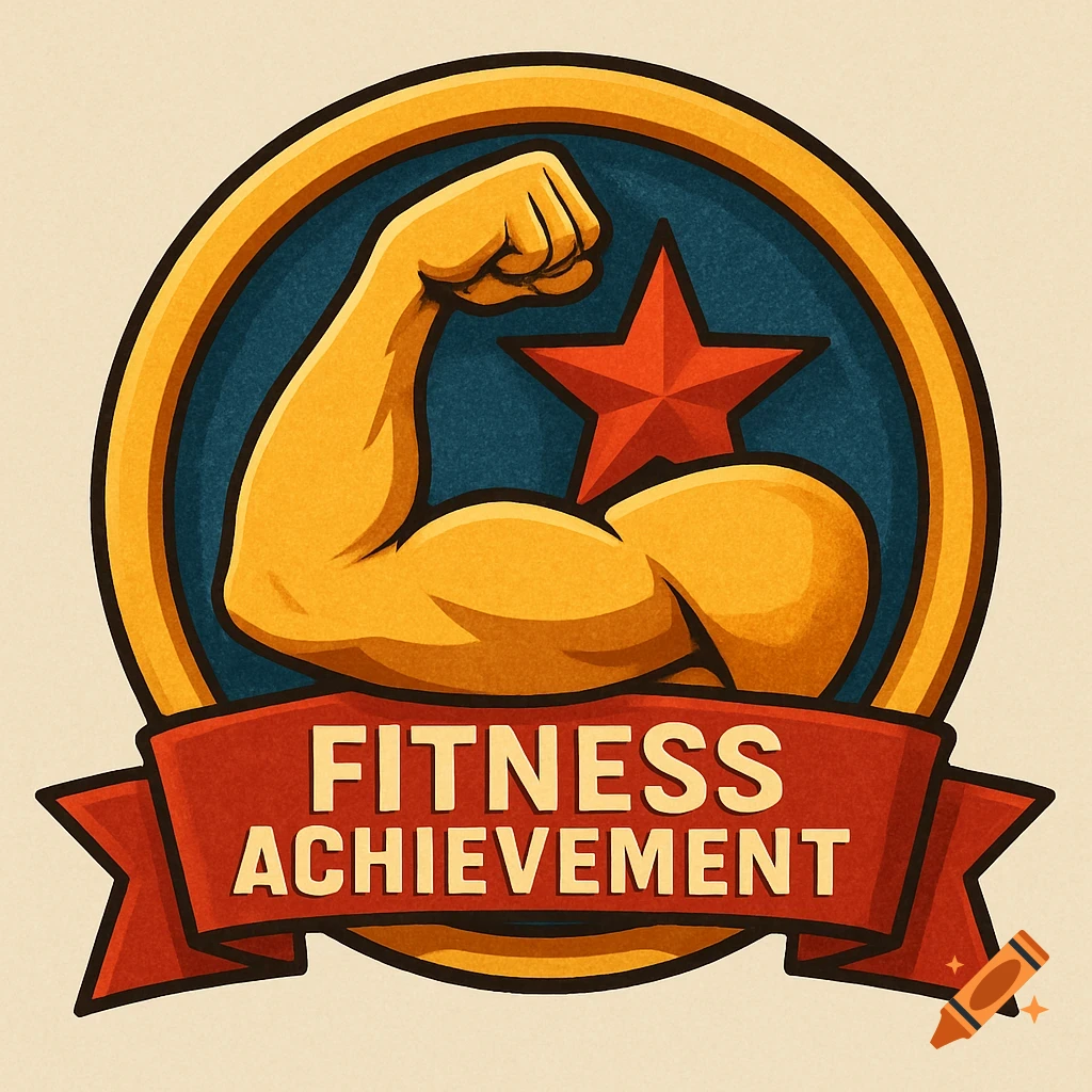 Fitness achievement badge with a flexed bicep and red star.