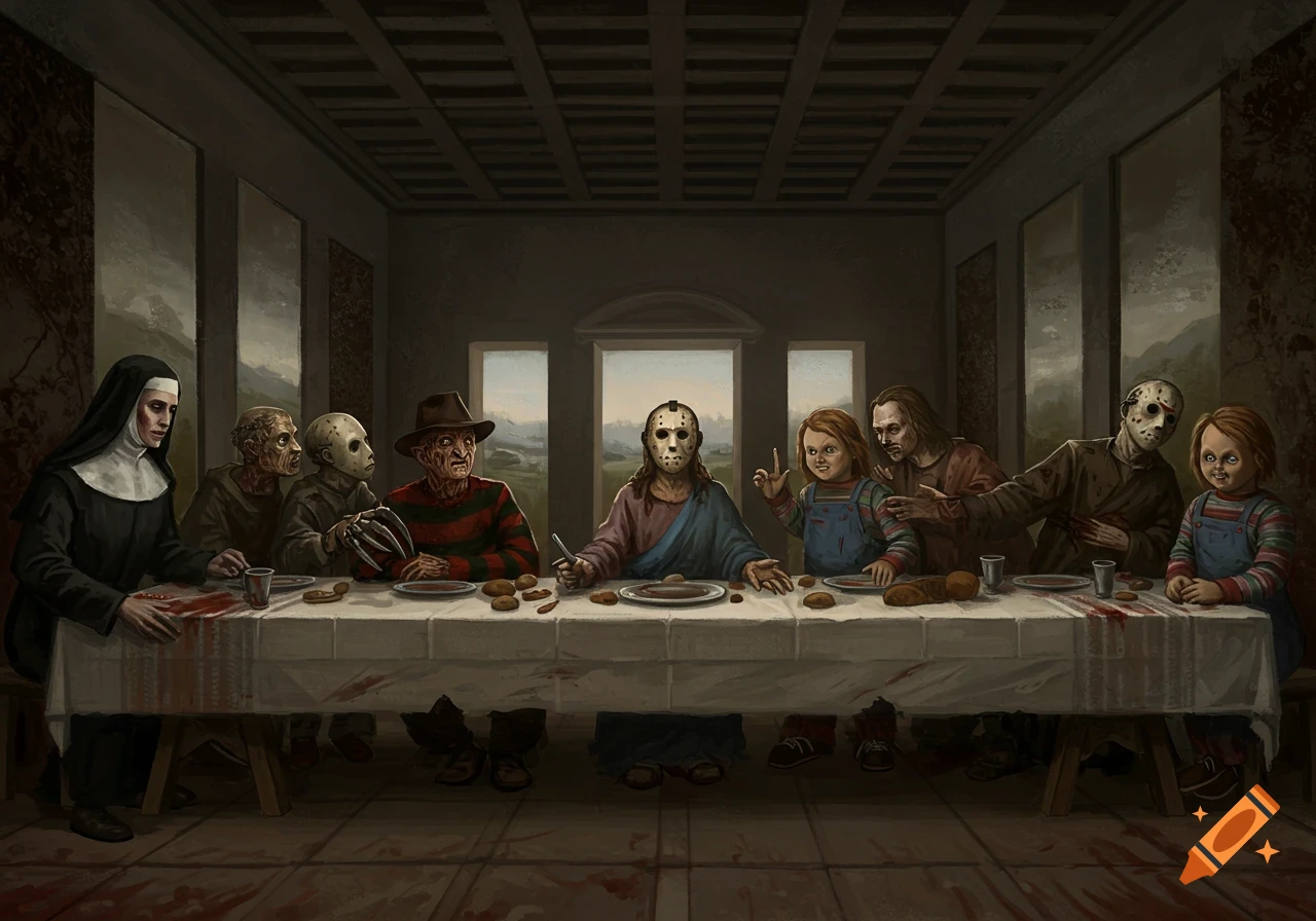A parody of The Last Supper with horror characters like Jason, Freddy Krueger, and Chucky at a table with blood.
