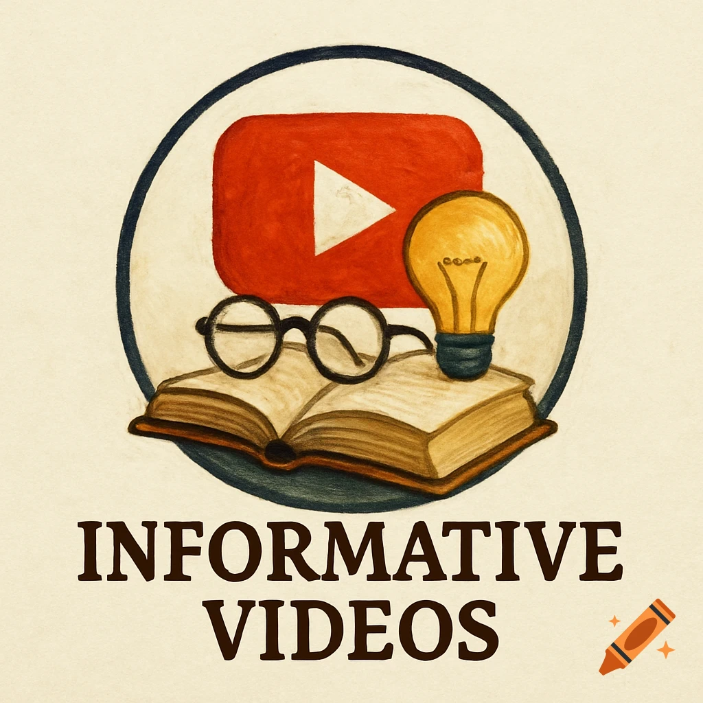 Logo with book, glasses, lightbulb, and YouTube symbol above the text 'INFORMATIVE VIDEOS', in a painterly style.