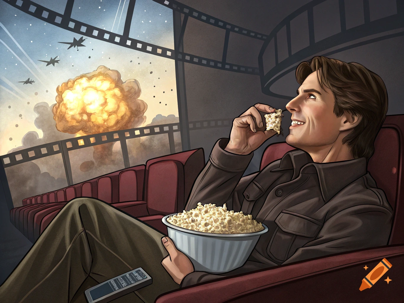 Illustration of a man watching a movie explosion in a cinema while eating popcorn.