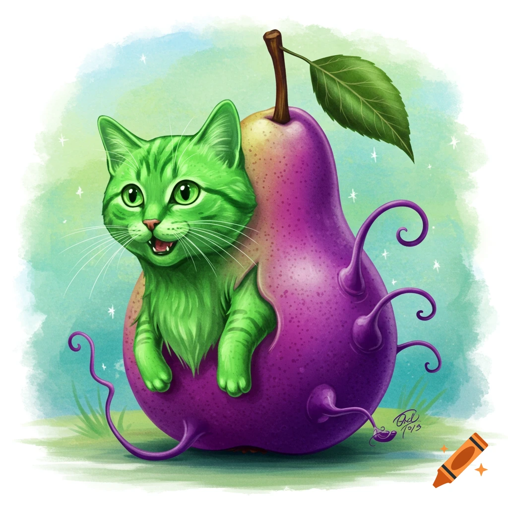 A green cat emerges from a purple pear with tendrils, in an illustration.