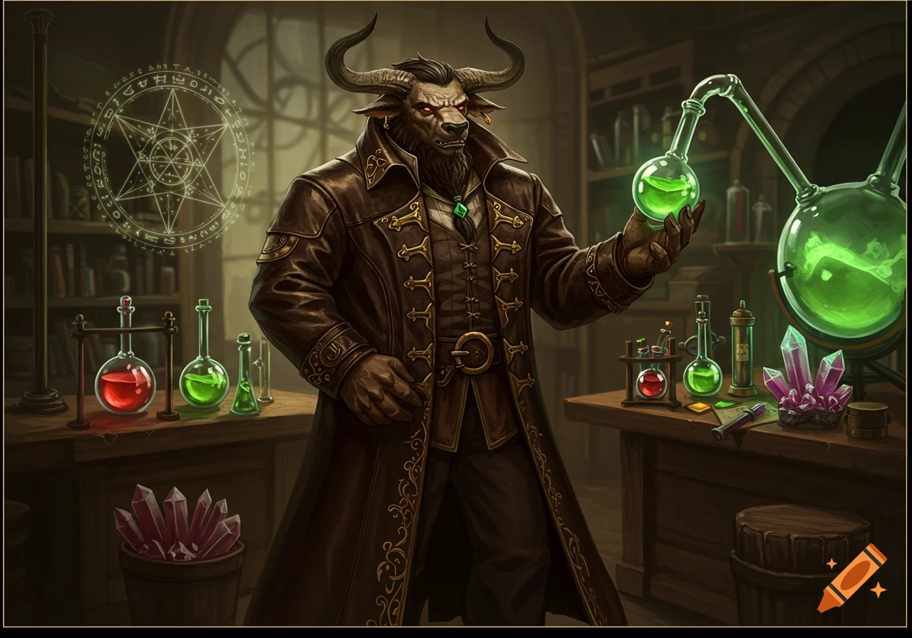 Minotaur alchemist holding a glowing green potion in a laboratory filled with beakers and crystals.