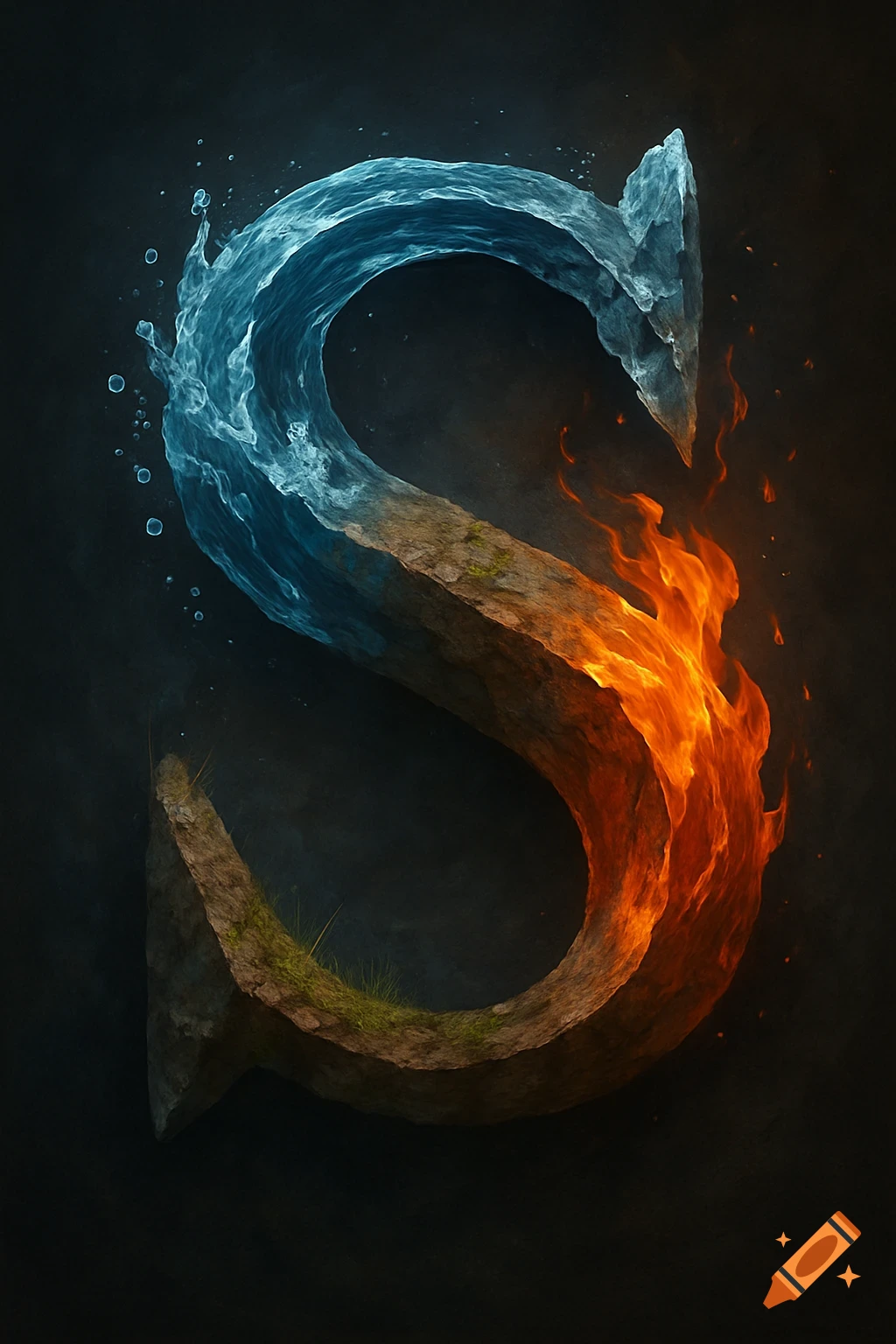 Stylized letter S formed by elements: water, ice, fire, earth.