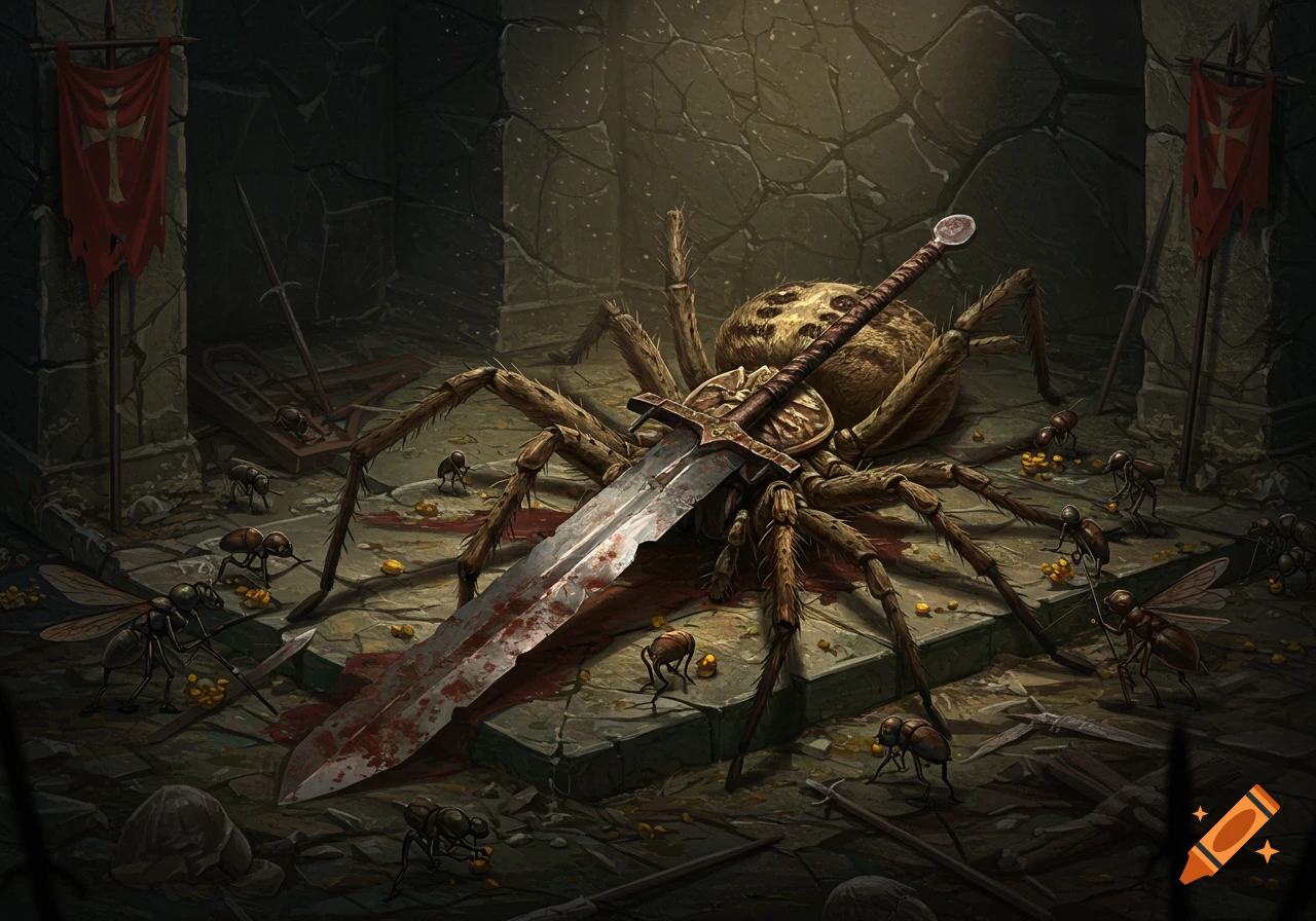 A giant dead spider, like a fallen knight with a sword across its body, lies on a stone slab surrounded by smaller insect mourners and battlefield debris in a dark tomb.