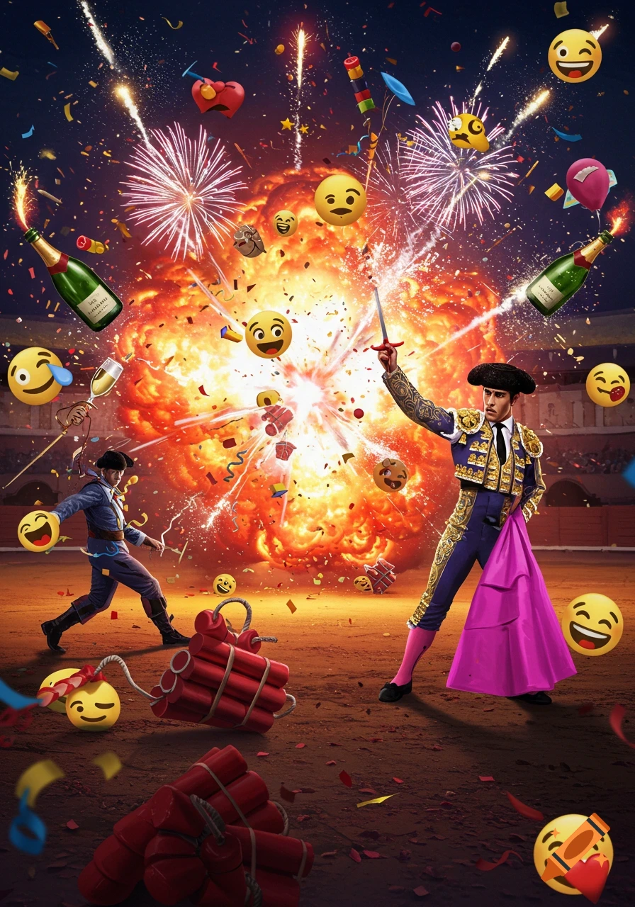 A festive scene in a bullring with matadors, fireworks, an explosion, champagne bottles, and scattered emojis.