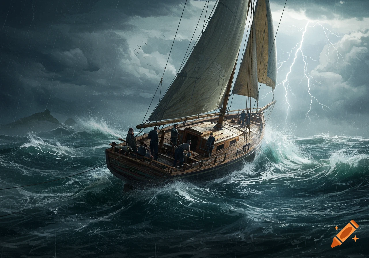 A sailboat with people aboard struggles through a stormy sea with lightning in the sky.