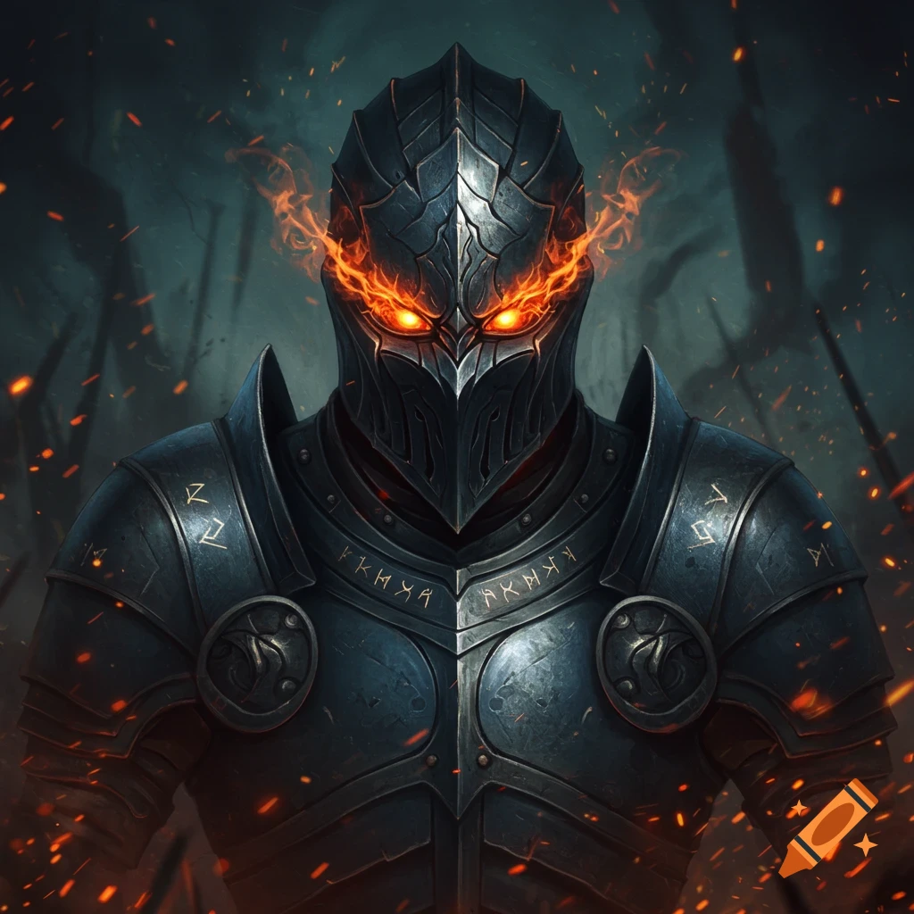 Dark fantasy knight in intricate armor with glowing orange eyes and fire sparks.