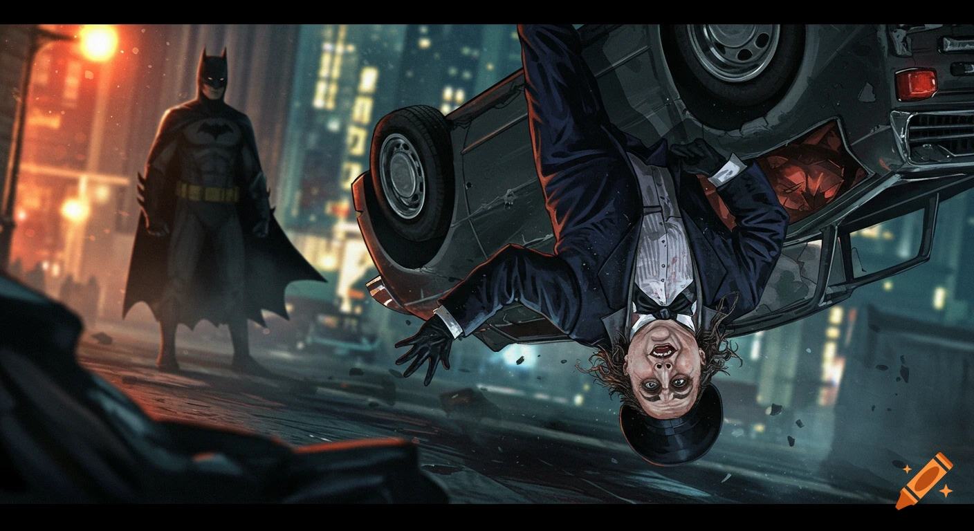 Stylized illustration of Batman watching as Penguin hangs upside down from an overturned car on a city street.