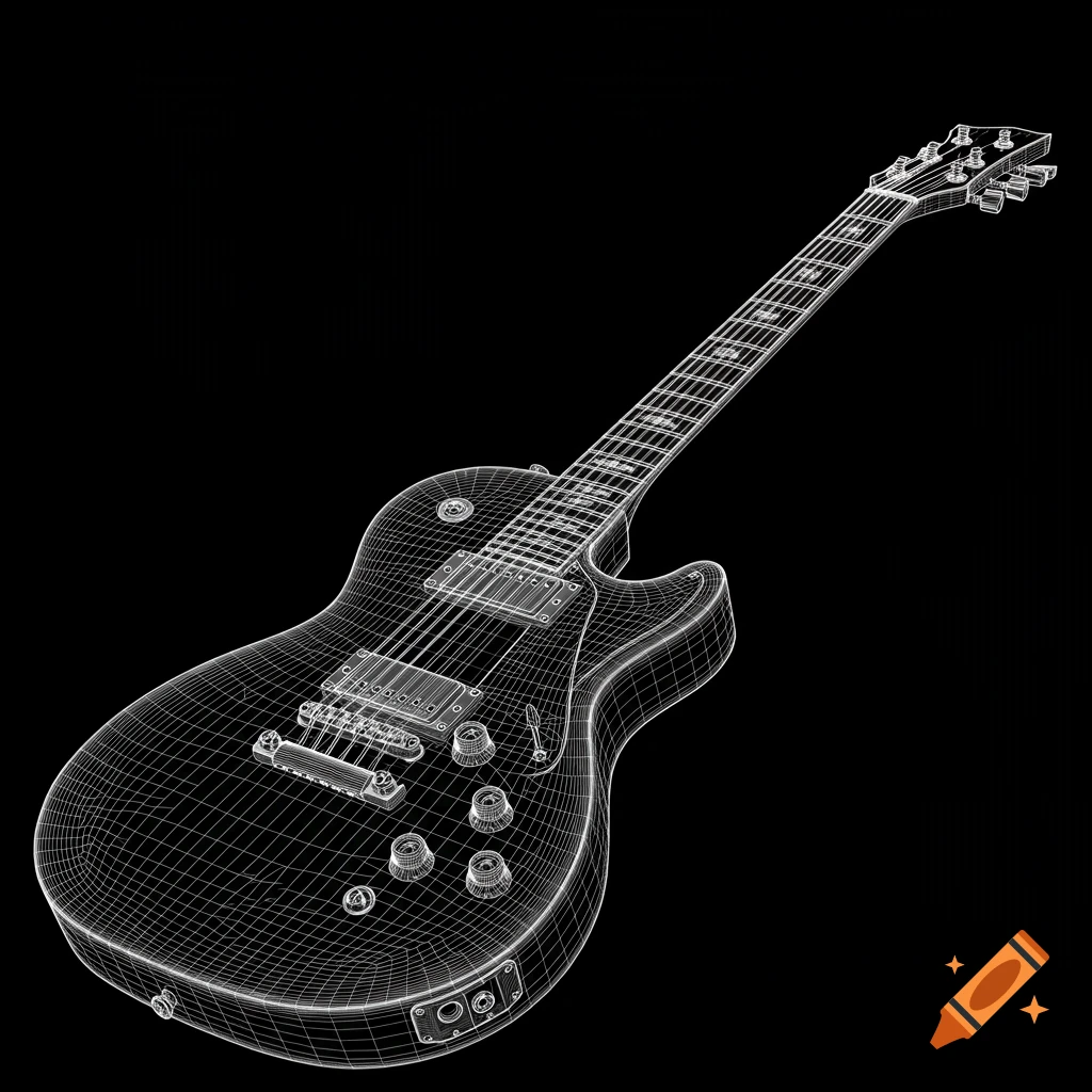 A 3D wireframe rendering of an electric guitar on a black background