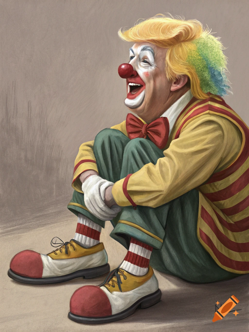 An illustration of a caricature of a man resembling Donald Trump dressed as a clown, sitting and laughing.