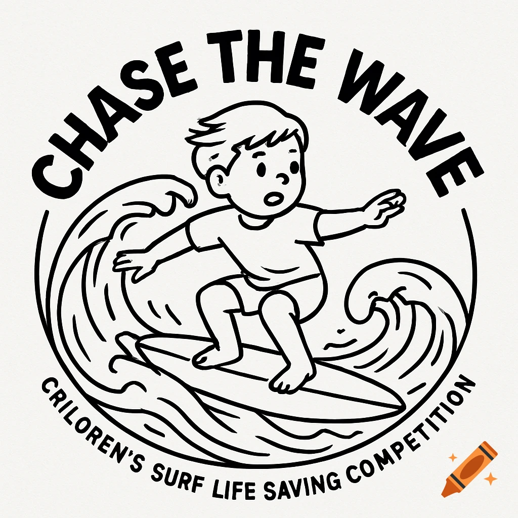 Black and white line art logo of a child surfing on a wave.