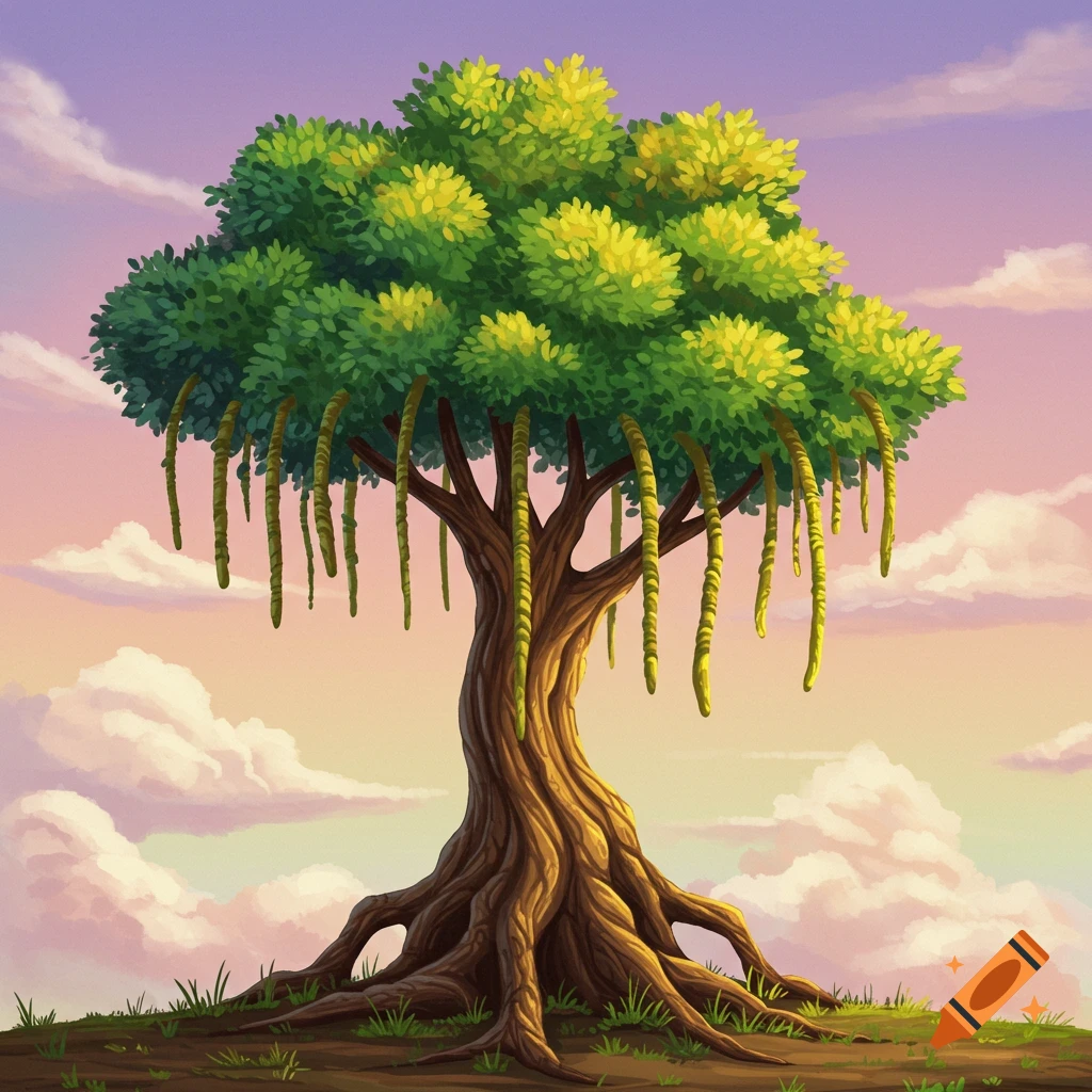 A stylized tree with hanging vines against a sunset sky.