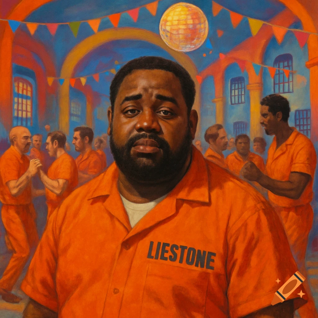 Painting of a man in an orange prison uniform with 'LIESTONE' on it, standing in a colorful ballroom with other inmates dancing