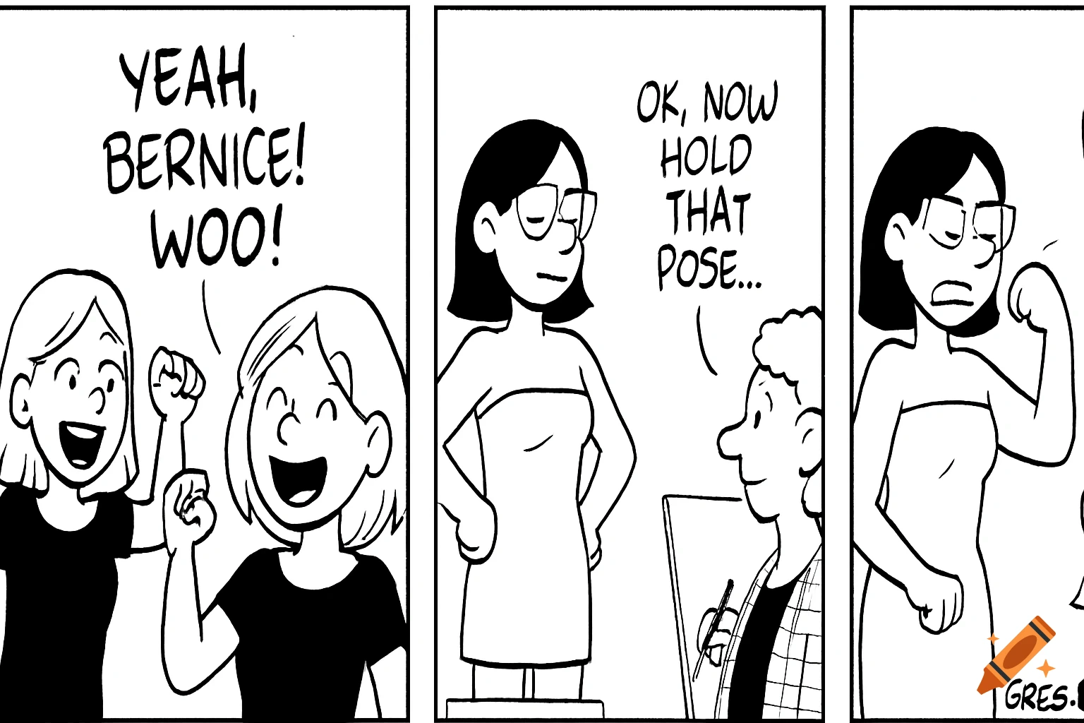 Black and white comic strip panels show two girls cheering and another girl posing as a model in an art class.