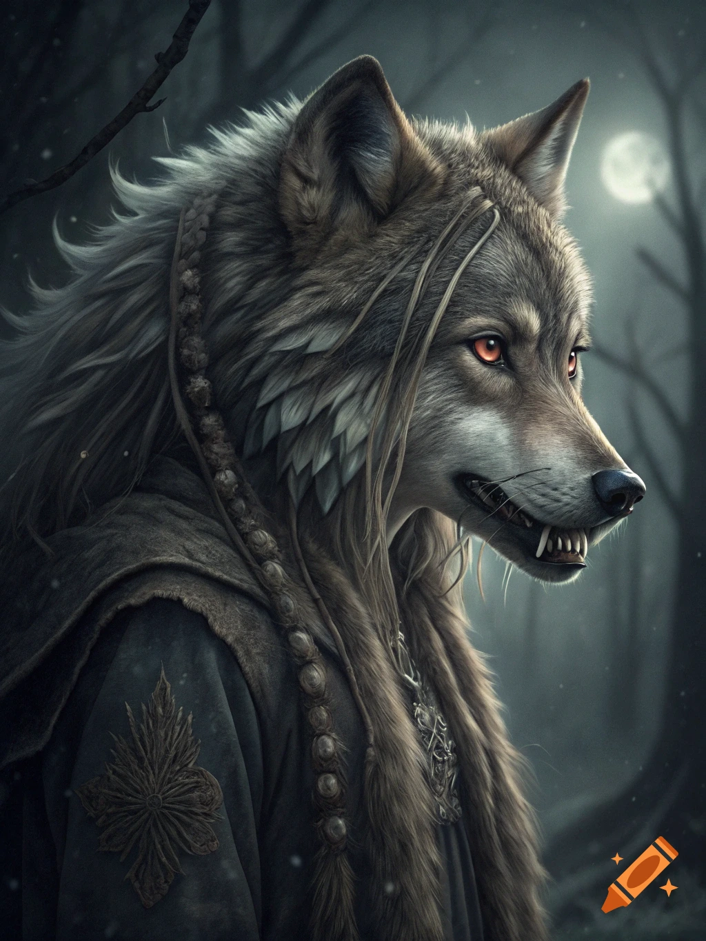 A fantasy portrait of a humanoid wolf creature with braided hair and glowing eyes in a dark forest.