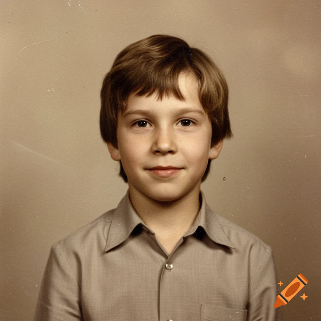 Headshot of a young boy wearing a tan shirt, styled as a vintage 1980s school yearbook photo