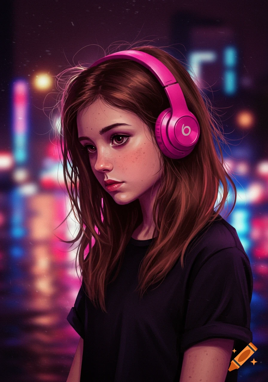 Digital illustration of a young girl with pink headphones in a neon city street.