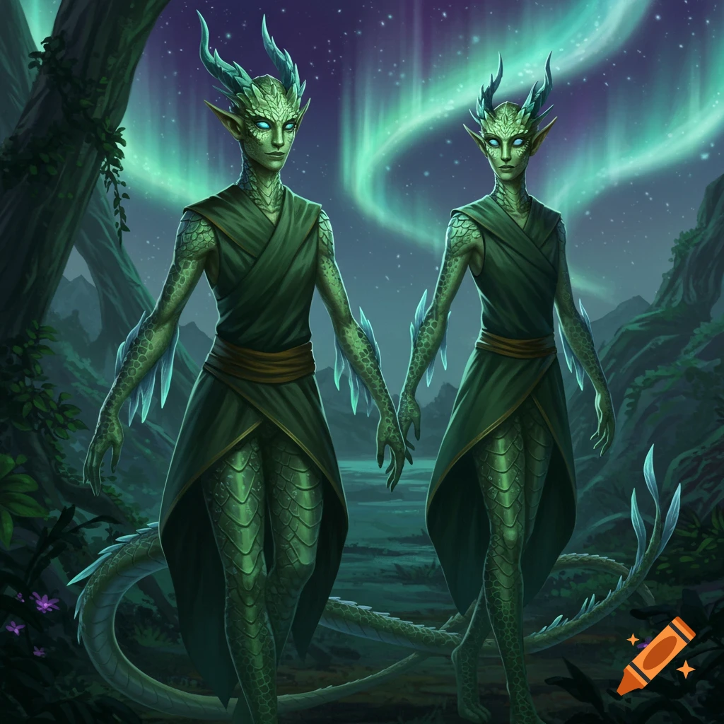 Two green dragon-like humanoids stand in a forest under an aurora borealis, digital illustration.