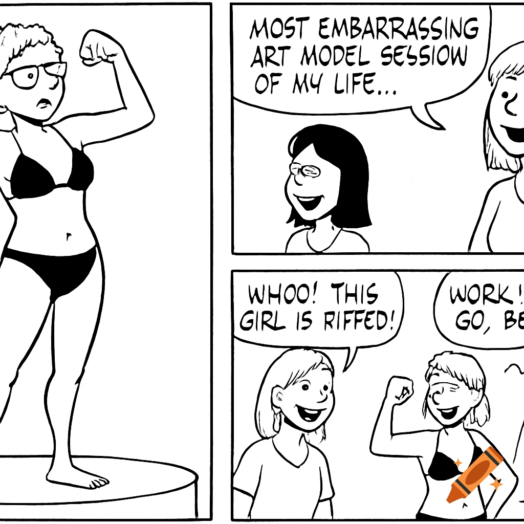 Black and white comic strip of a woman in a bikini posing while others react with speech bubbles.