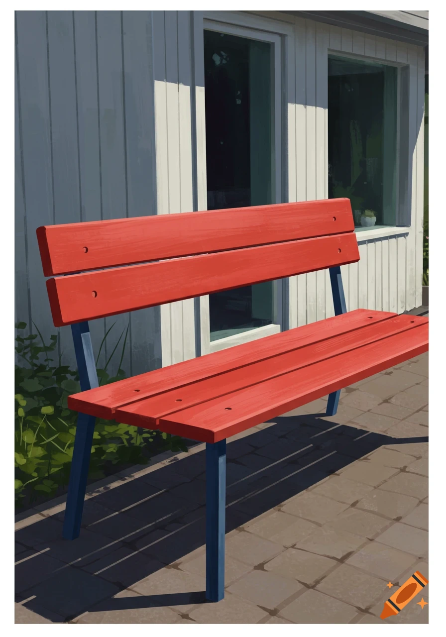Red bench with blue legs casting shadows in front of a white building