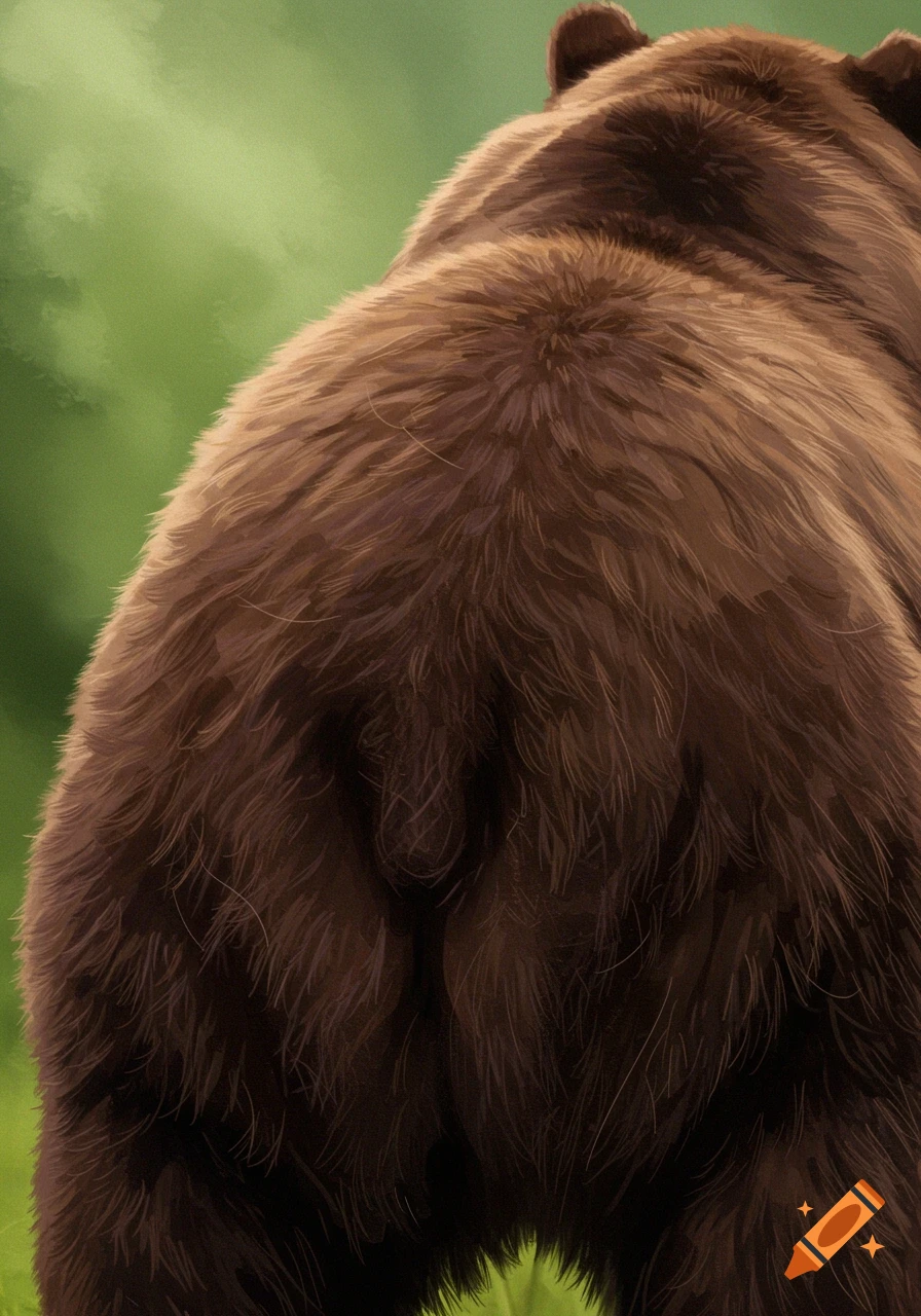 Close up rear view illustration of a brown bear standing in grass.