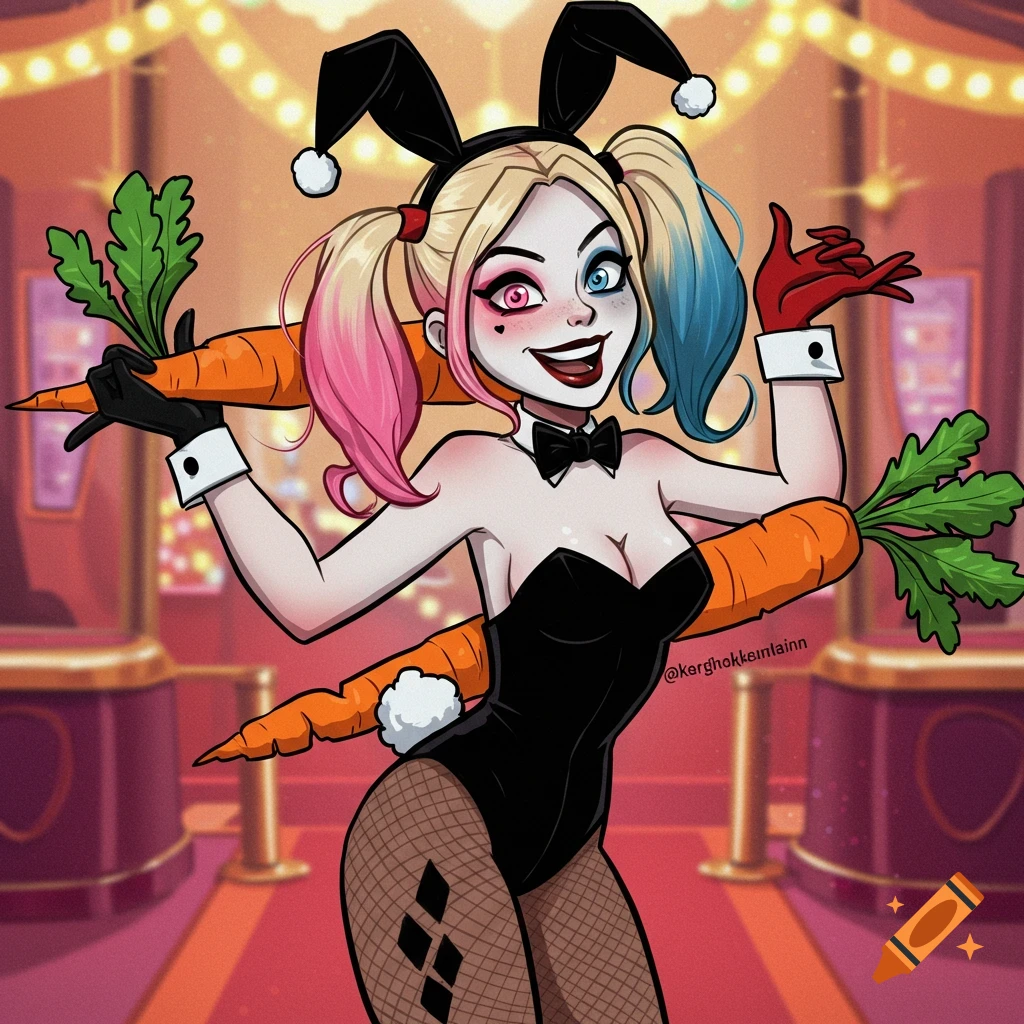 Cartoon of Harley Quinn in a bunny costume holding carrots on a stage.
