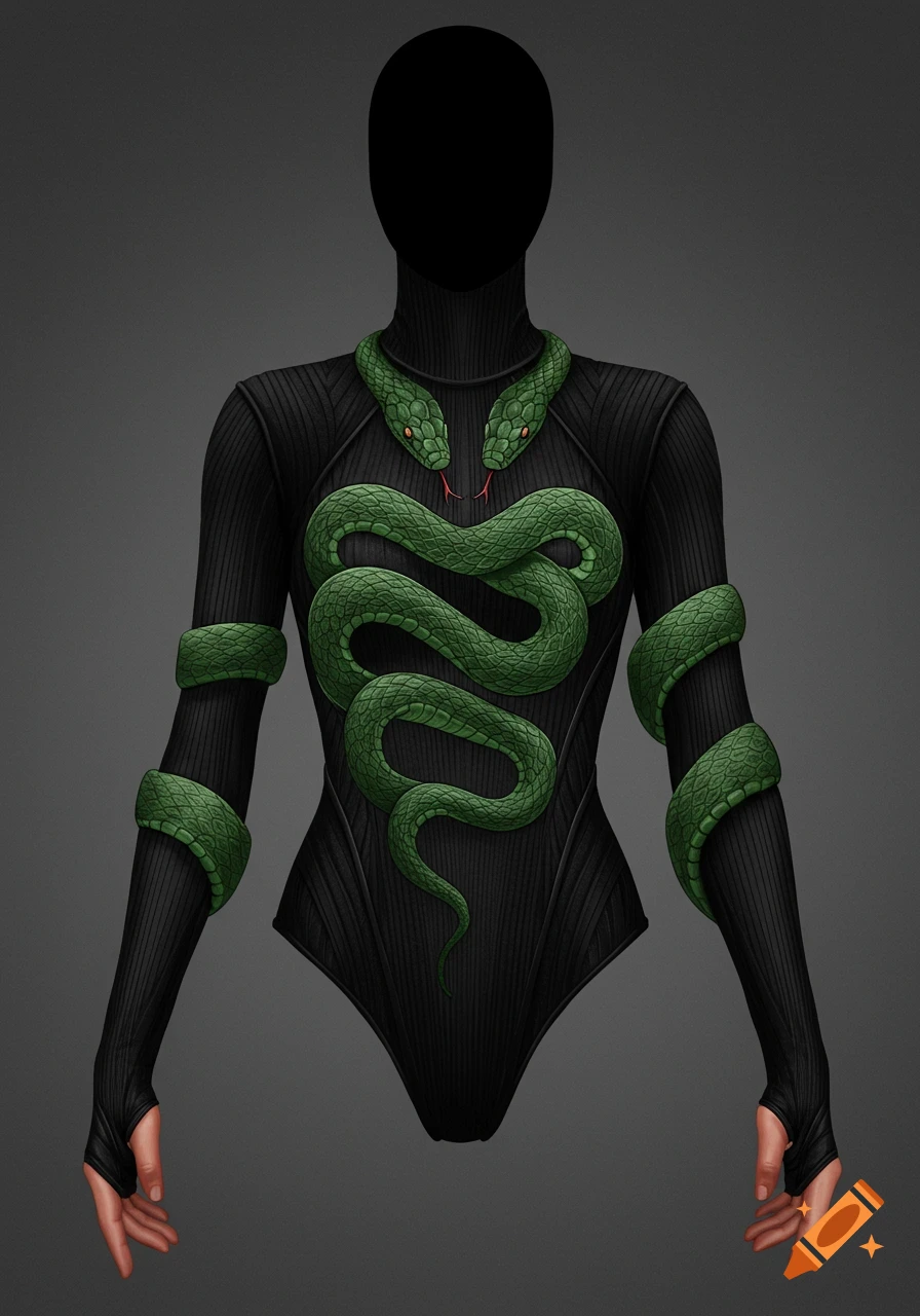 A black long-sleeved bodysuit with green snakes wrapped around the torso and arms.