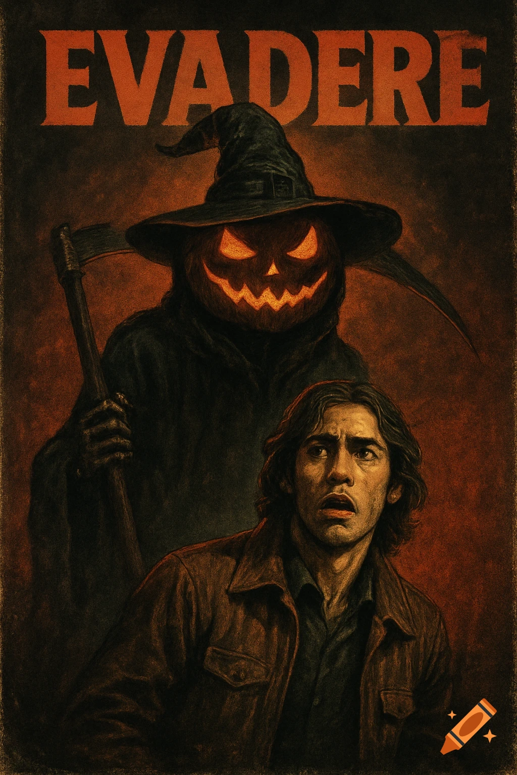 Horror movie poster titled EVADERE with a scared man and a spooky jack-o'-lantern figure holding a scythe