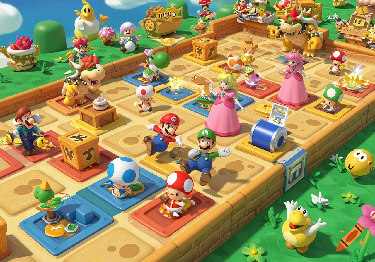 Mario, Luigi, Princess Peach, Bowser, and other characters on a colorful game board, like a scene from Mario Party.