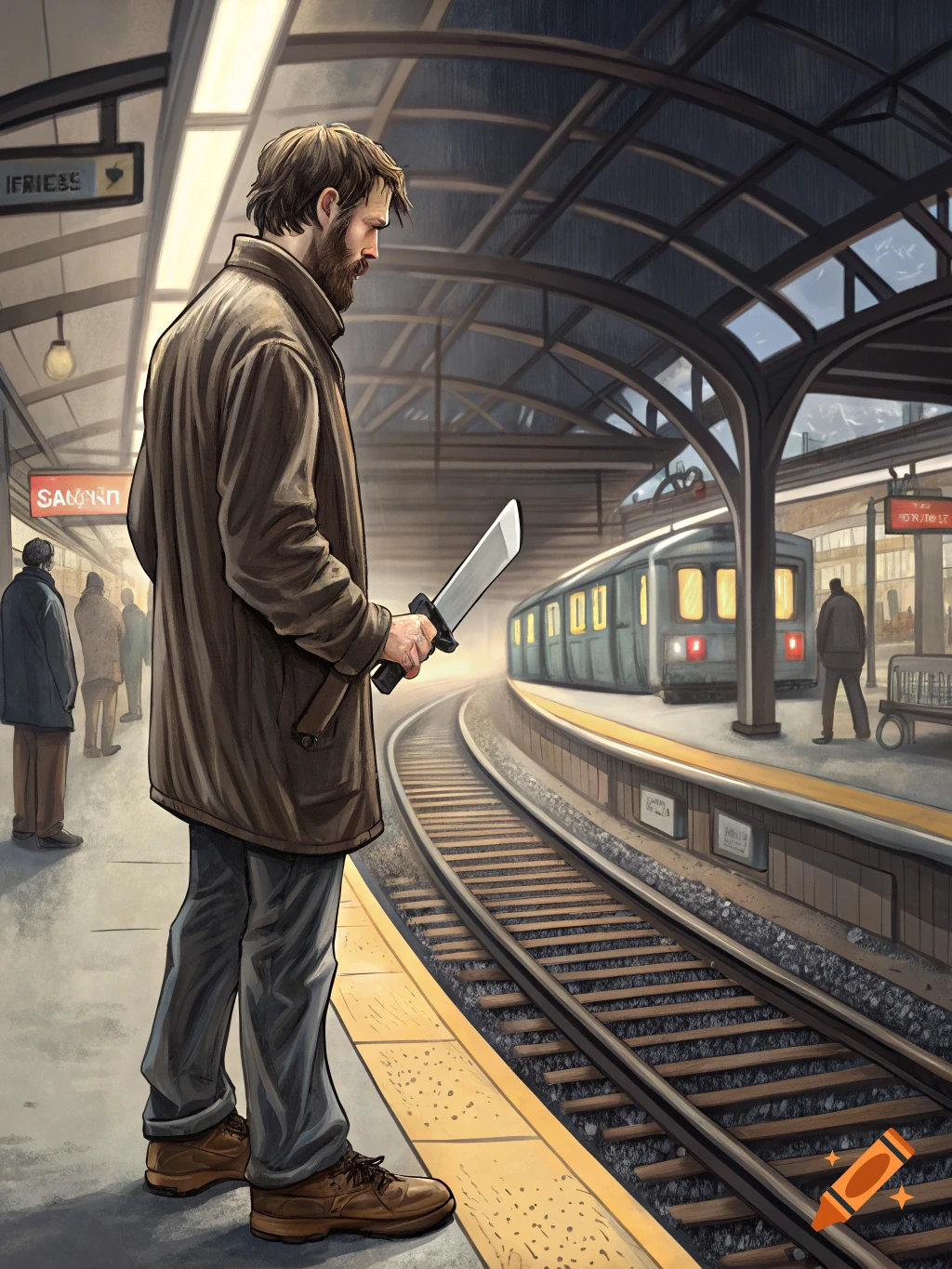 Illustration of a man holding a knife at a train station platform as a train arrives.