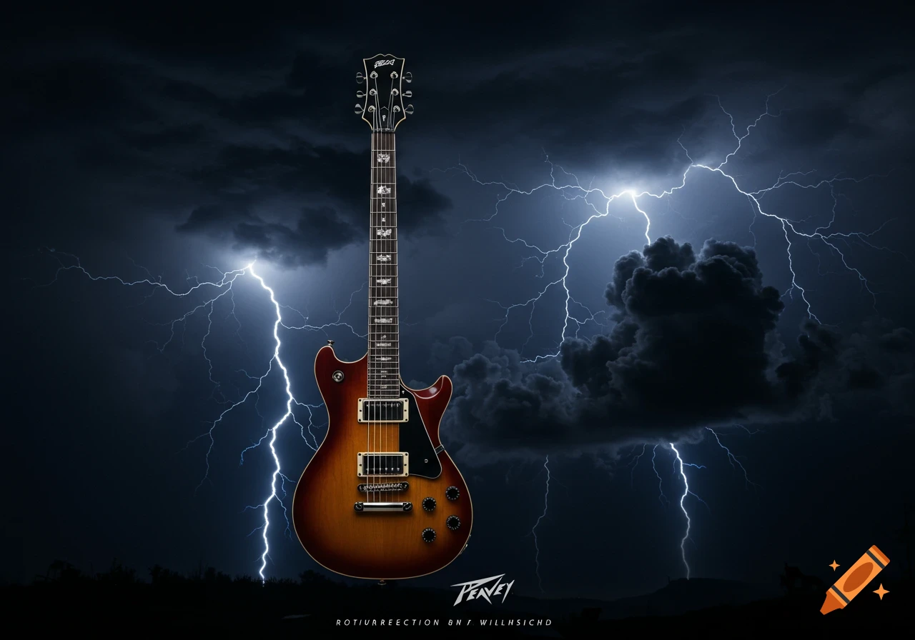 An electric guitar stands upright in a dramatic thunderstorm with lightning.