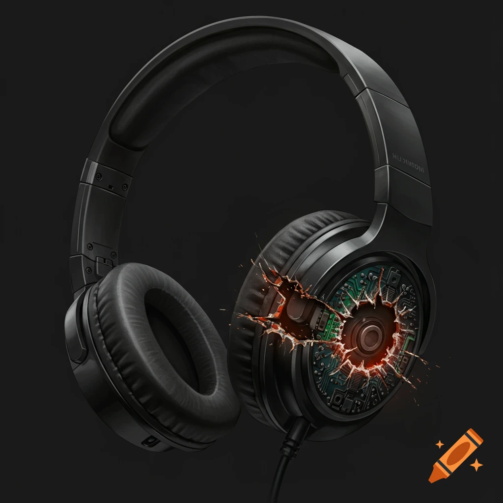 Close-up illustration of black headphones with a shattered earcup revealing internal circuitry.
