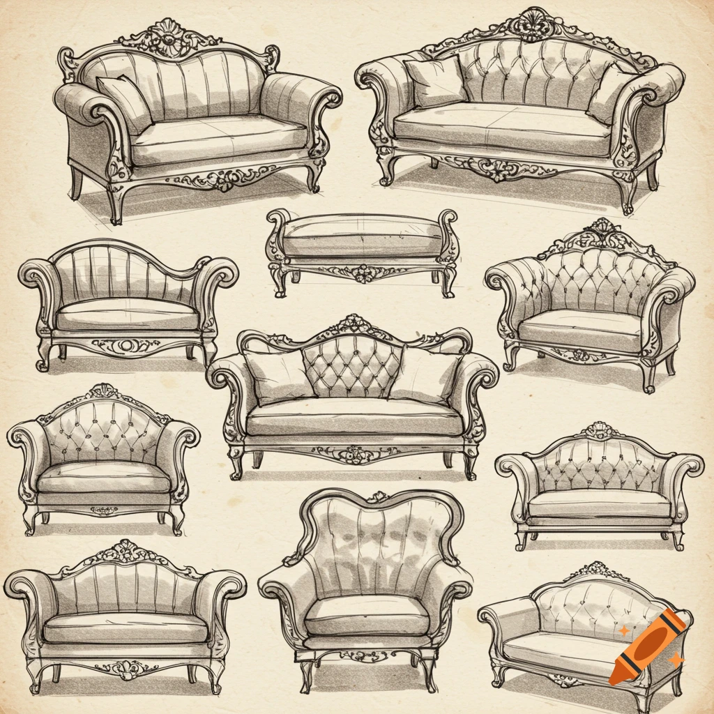 Collection of antique furniture sketches